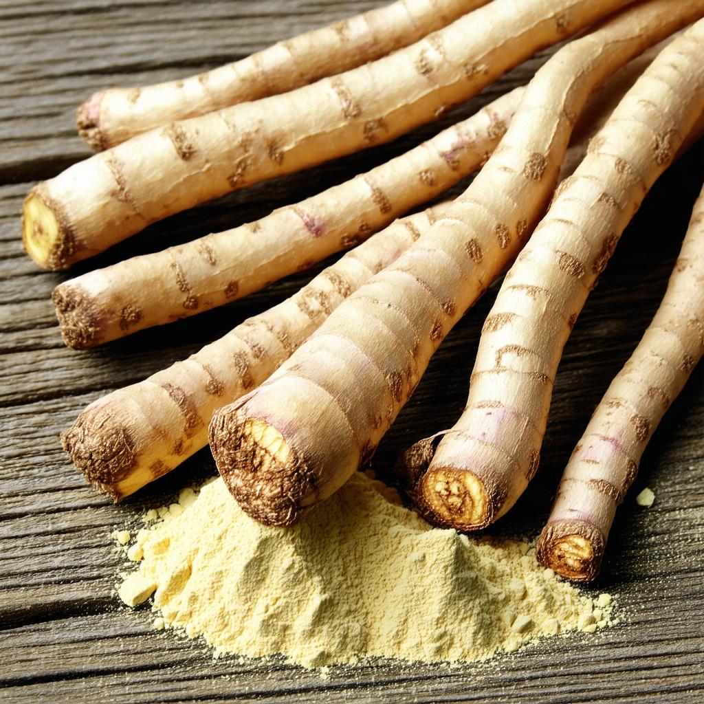 Racines et poudre d'Ashwagandha sur une surface en bois