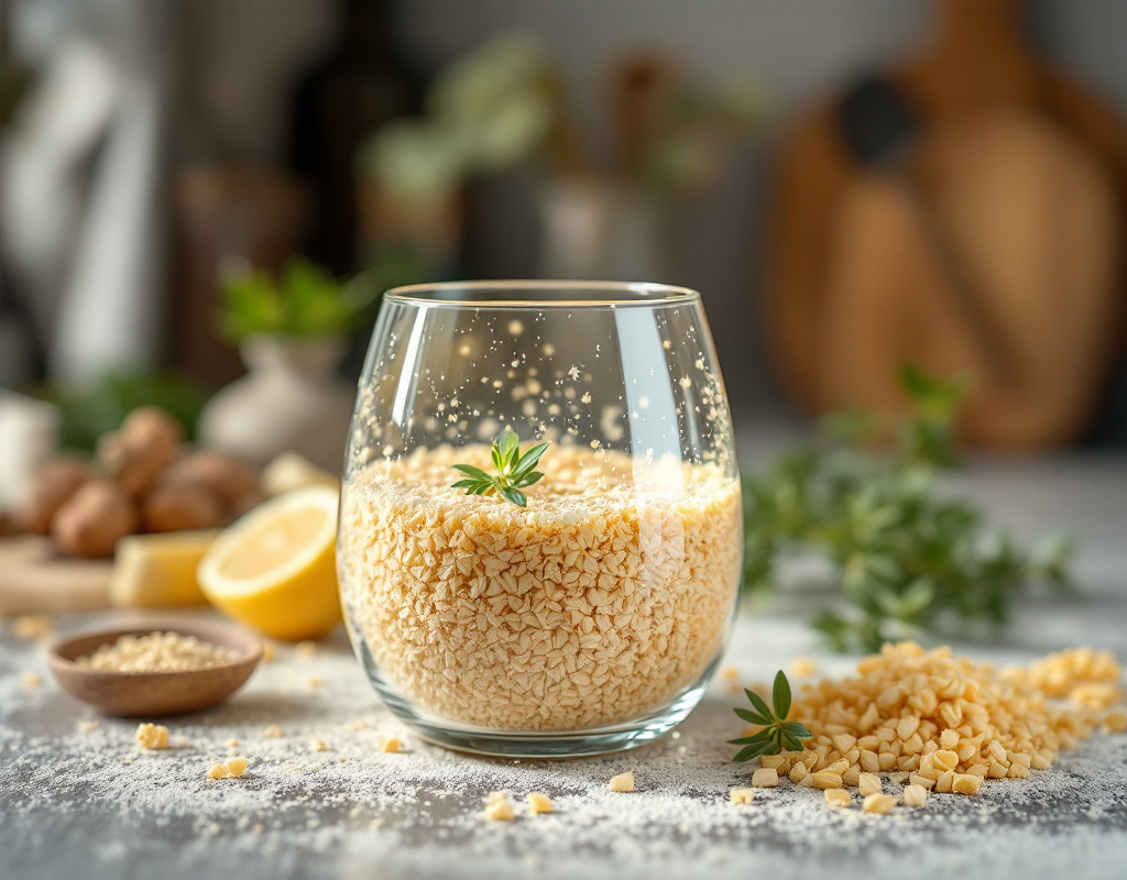 Pot en verre contenant du psyllium blond sur une étagère de cuisine