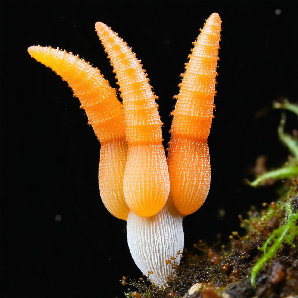 Culture en laboratoire de Cordyceps militaris sous lumière contrôlée, montrant les fructifications orange caractéristiques