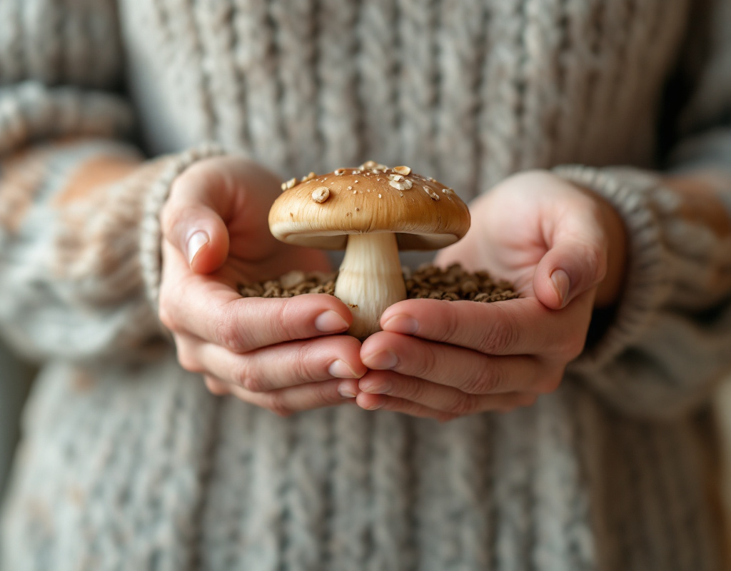 Femme enceinte tenant un champignon adaptogène