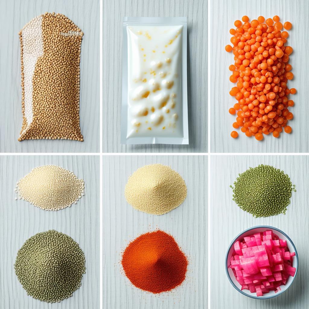 Comparaison visuelle des différentes formes de probiotiques : gélules, aliments fermentés et poudres