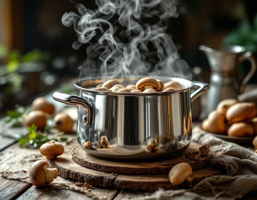 Infusion de champignons adaptogènes en préparation dans une casserole sur une table en bois