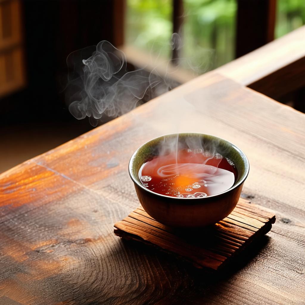 Tasse d'infusion de Reishi chaude, posée sur une table en bois