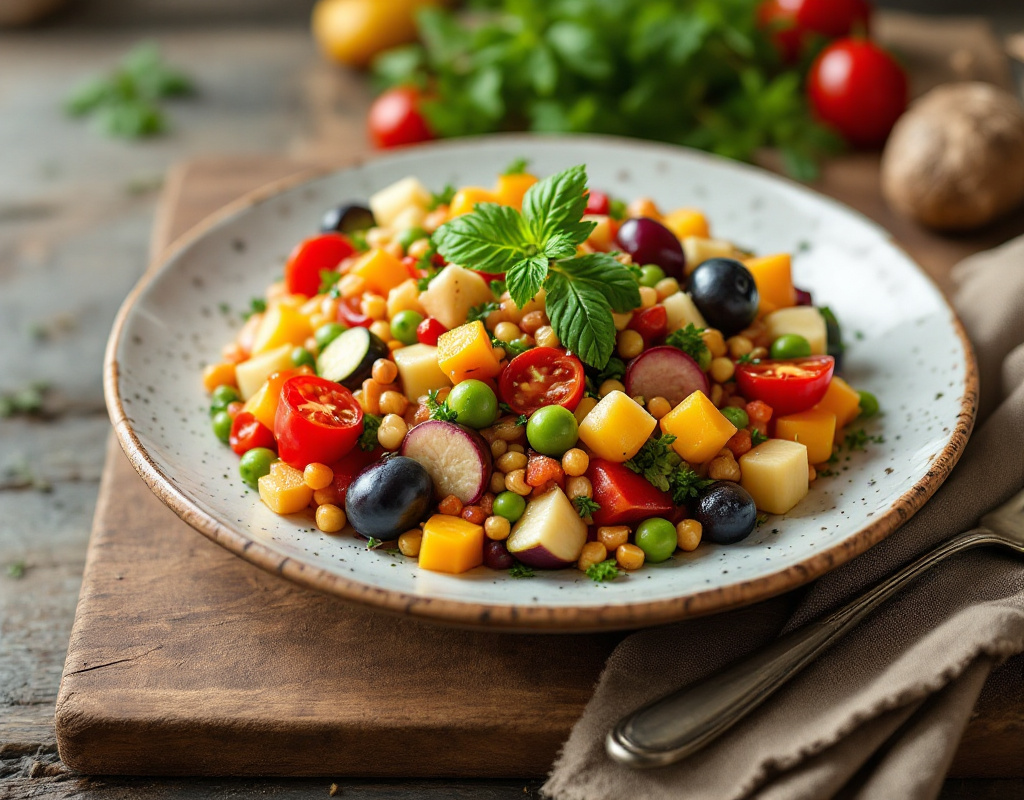 Assiette riche en fibres composées de légumes, légumineuses et céréales complètes
