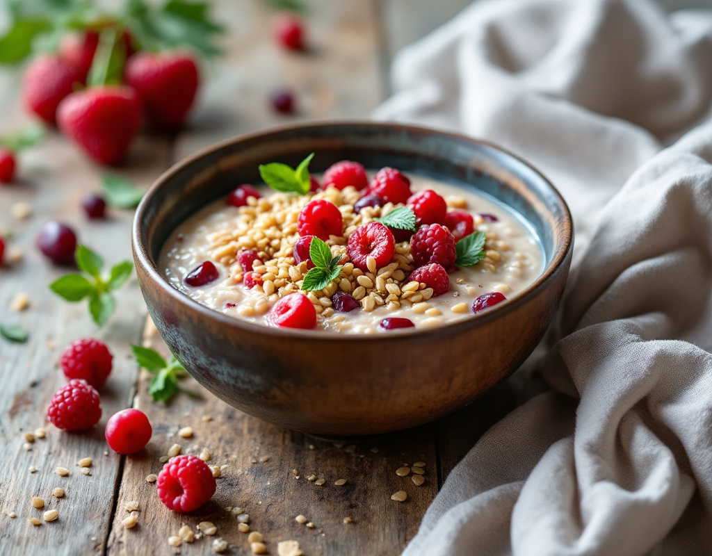Bol de porridge au psyllium garni de fruits rouges et menthe