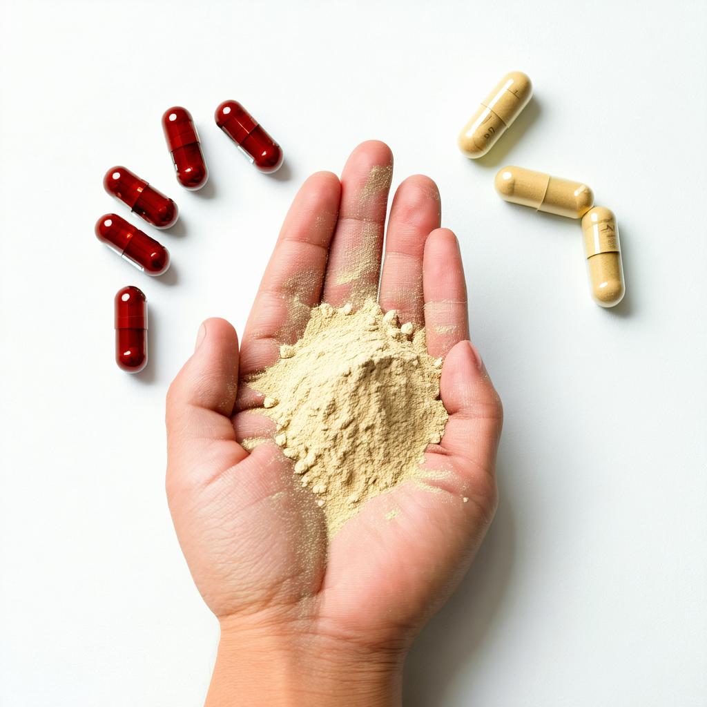 Prélèvement de poudre d'Ashwagandha et capsules
