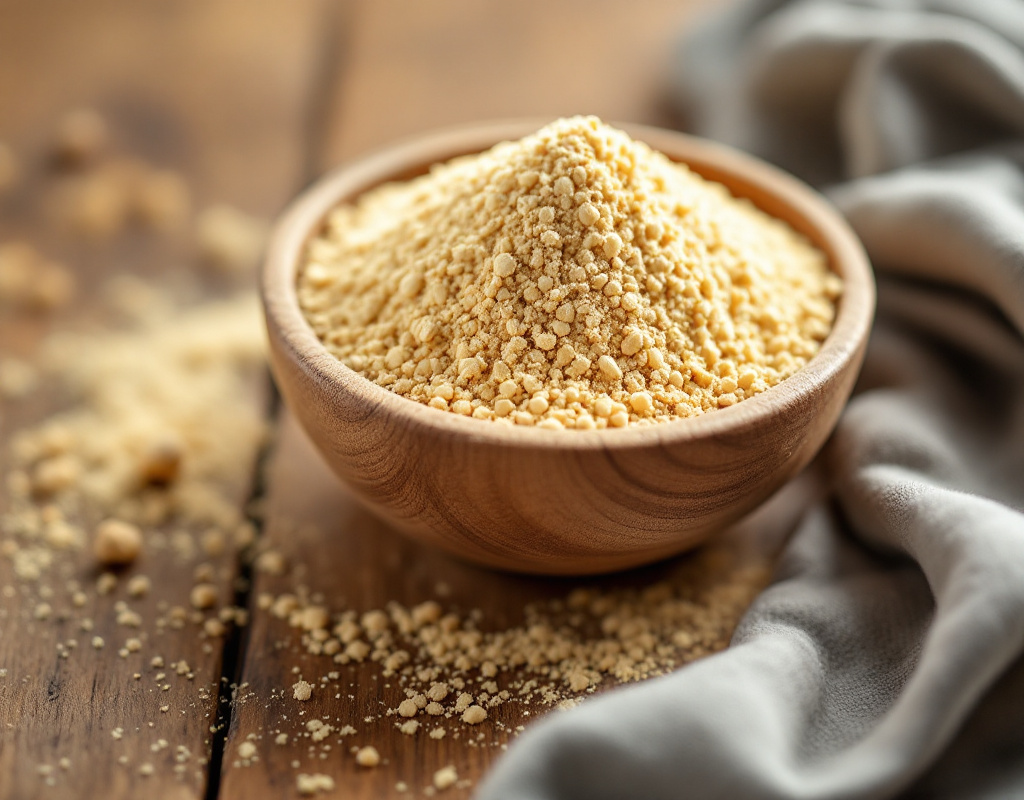 Bol de psyllium en poudre avec cuillère en bois sur table