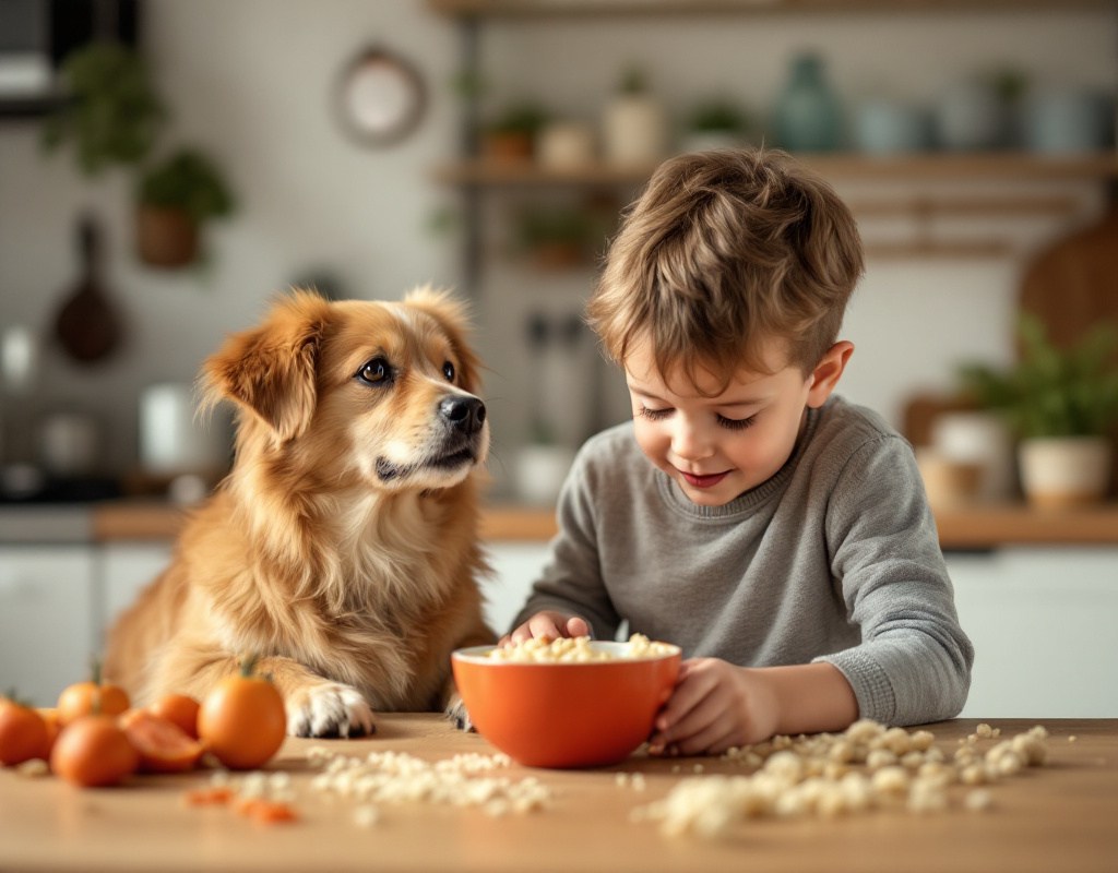 Enfant et chien près d’un bol de psyllium pour digestion