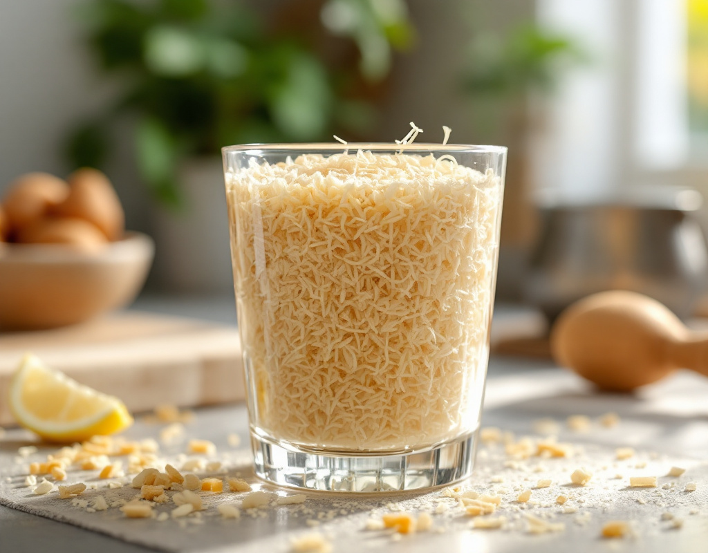 Fibre de psyllium blond en train de gonfler dans un verre d'eau