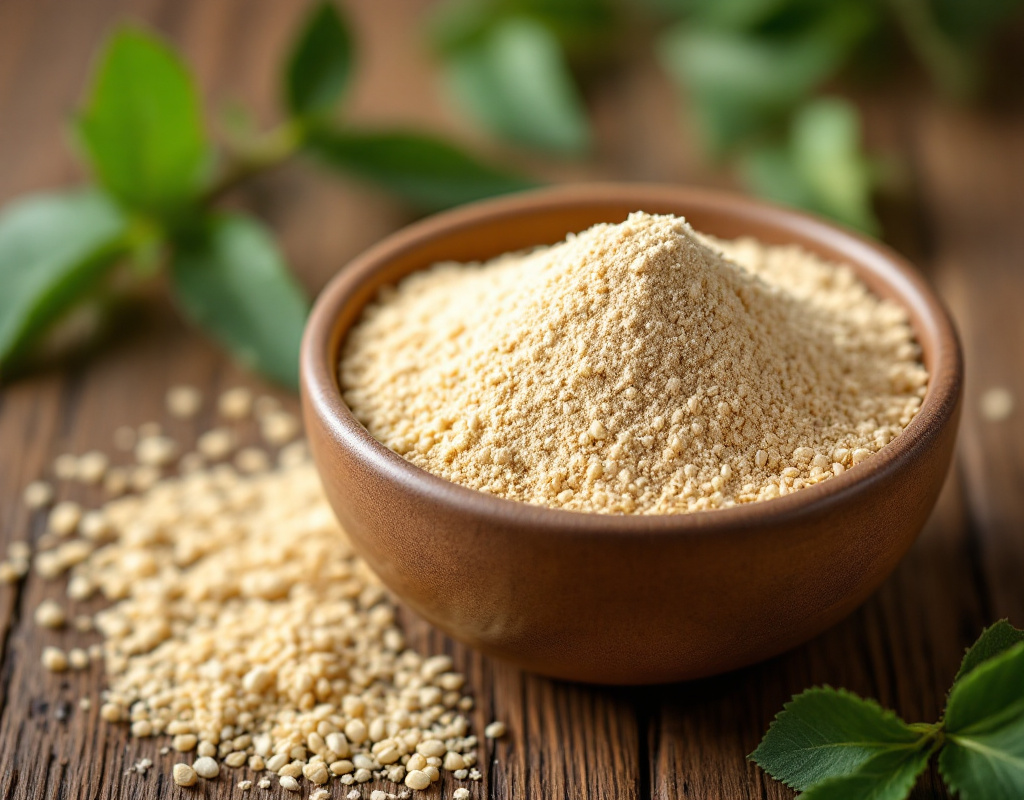 Psyllium bio en poudre dans un bol, entouré de plantes vertes
