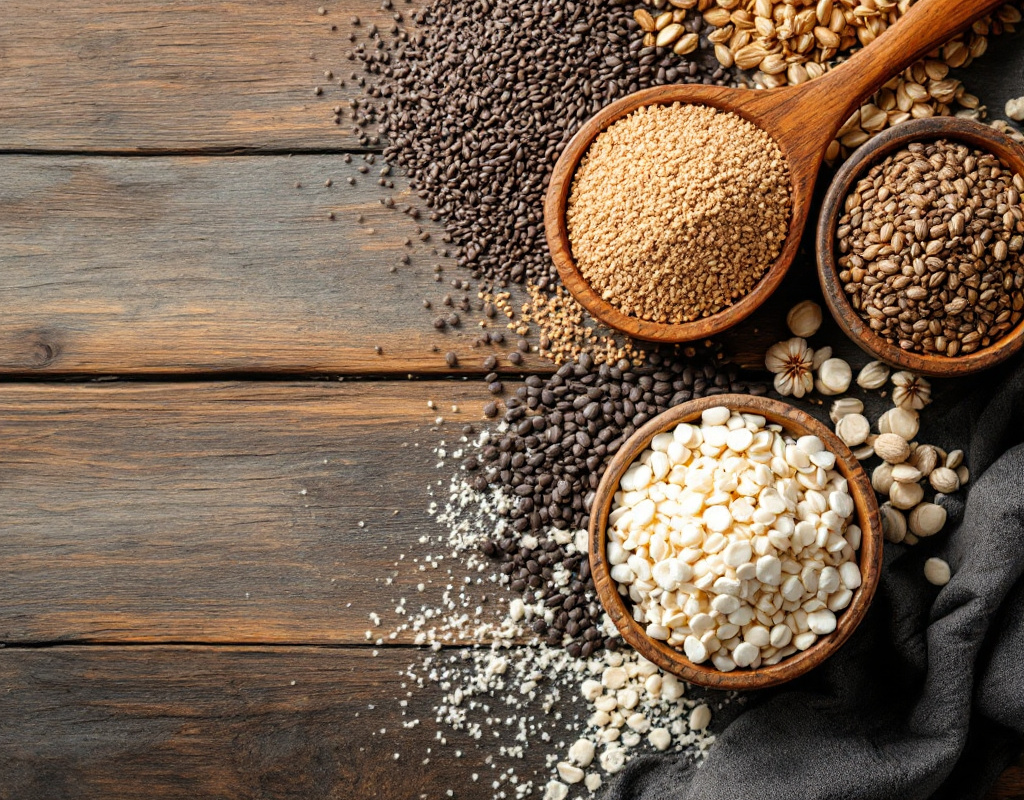 Vue de dessus : graines de chia, graines de lin, poudre d'inuline et psyllium disposées sur une table en bois
