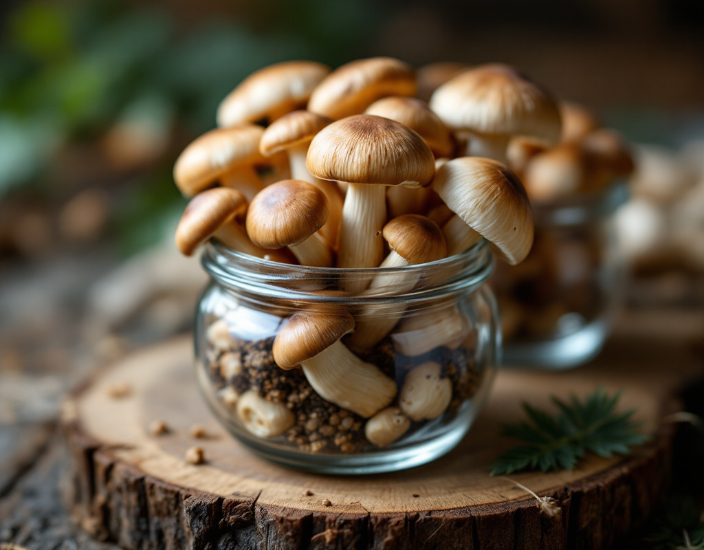 Bocaux de champignons adaptogènes bien organisés sur une étagère en bois