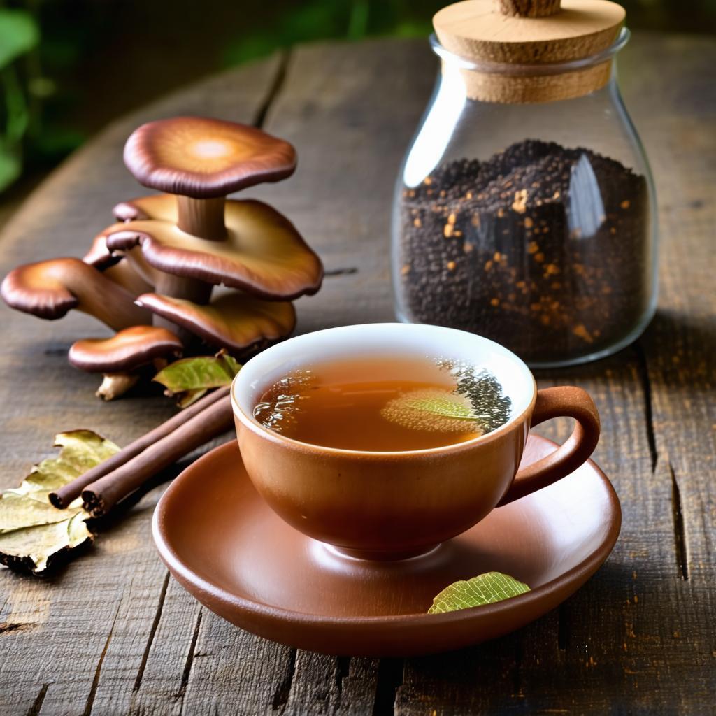 Tasse de thé infusé au Reishi sur table en bois