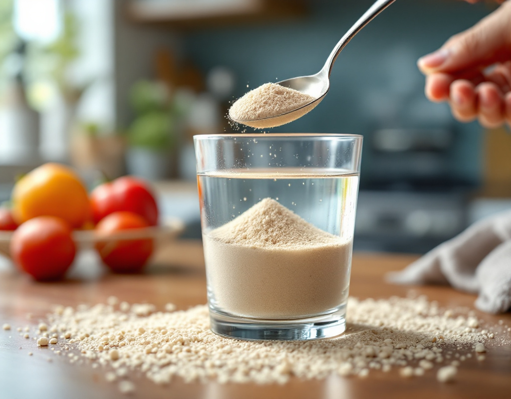 Verre d'eau avec poudre de psyllium prêt à être mélangé