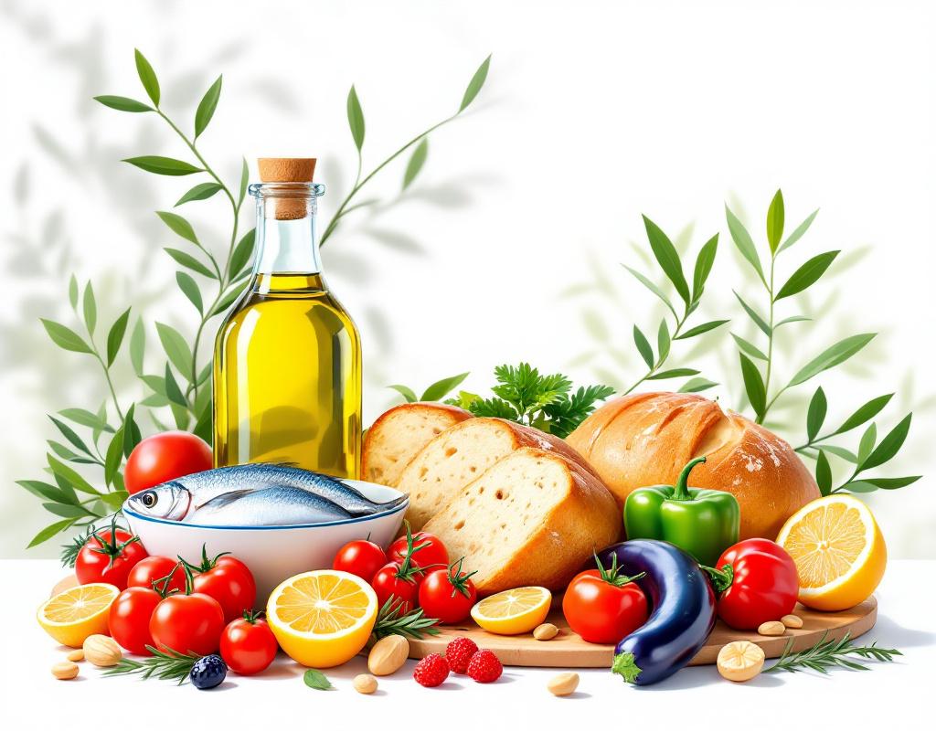 Pirámide alimentaria de la dieta mediterránea con verduras, pescado, aceite de oliva y frutas