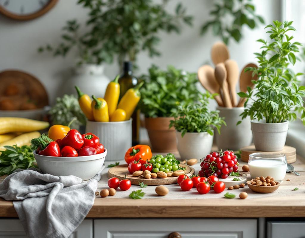 Plan de travail avec épices, légumes frais et substituts sains remplaçant sucre, sel et matières grasses