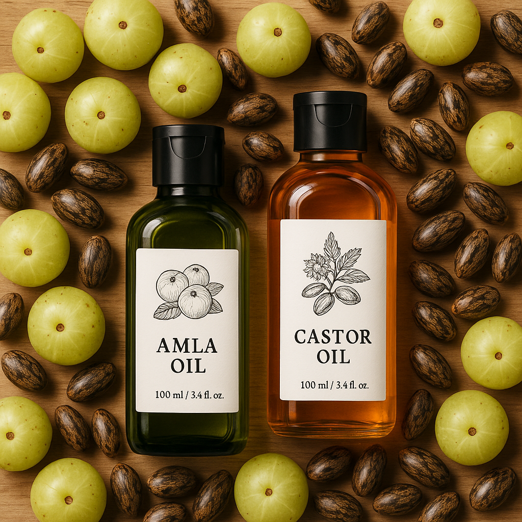 Bouteilles d’huile d’amla et d’huile de ricin avec baies d’amla et graines de ricin