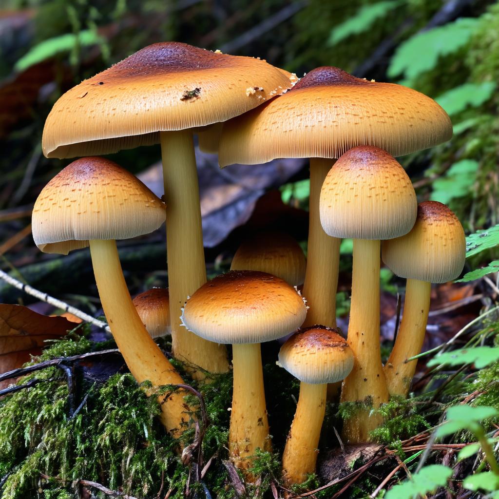 Groupe d'Armillaria mellea poussant sur souche d'arbre en forêt, montrant leurs chapeaux couleur miel et leurs anneaux caractéristiques
