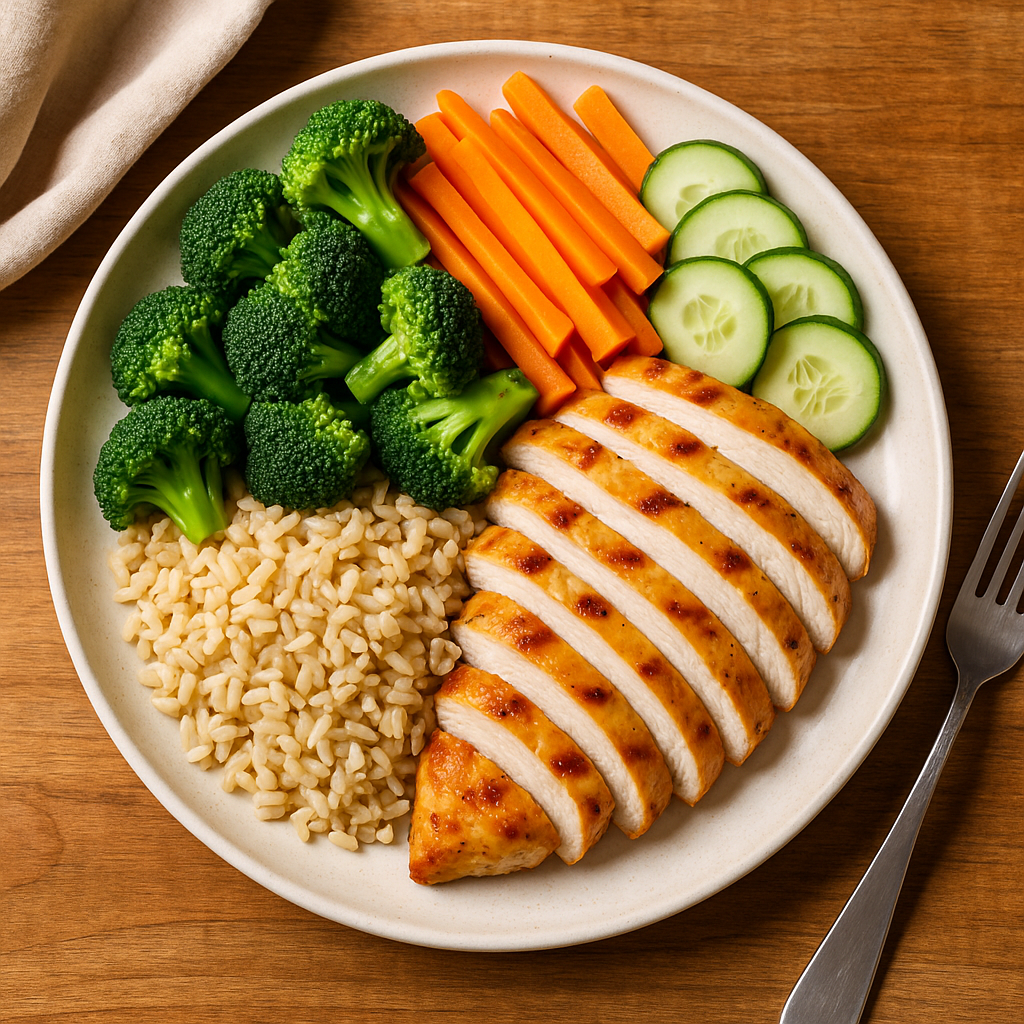 Ausgewogener Teller nach der 80/20-Regel mit Gemüse, Vollkorngetreide und mageren Proteinen