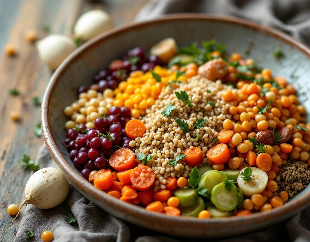 Composition alimentaire climate-smart : légumineuses, céréales anciennes et légumes de saison disposés en cercle sur fond terreux