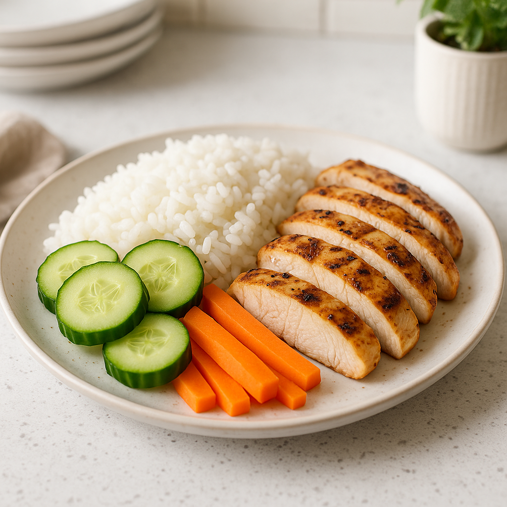 Assiette de repas faible en histamine avec riz, poulet grillé et légumes frais