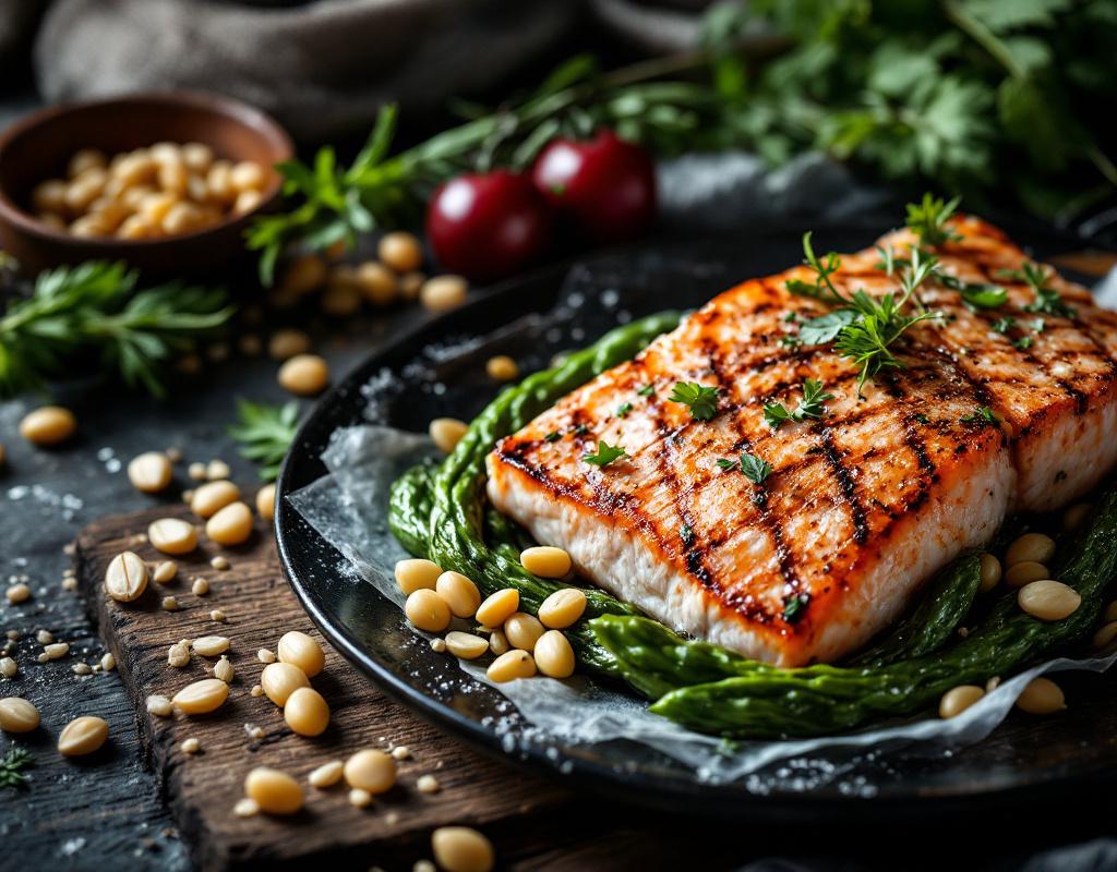 Assortiment vibrant d'aliments bons pour l'humeur : saumon grillé, noix, myrtilles fraîches et légumes verts sur fond en bois