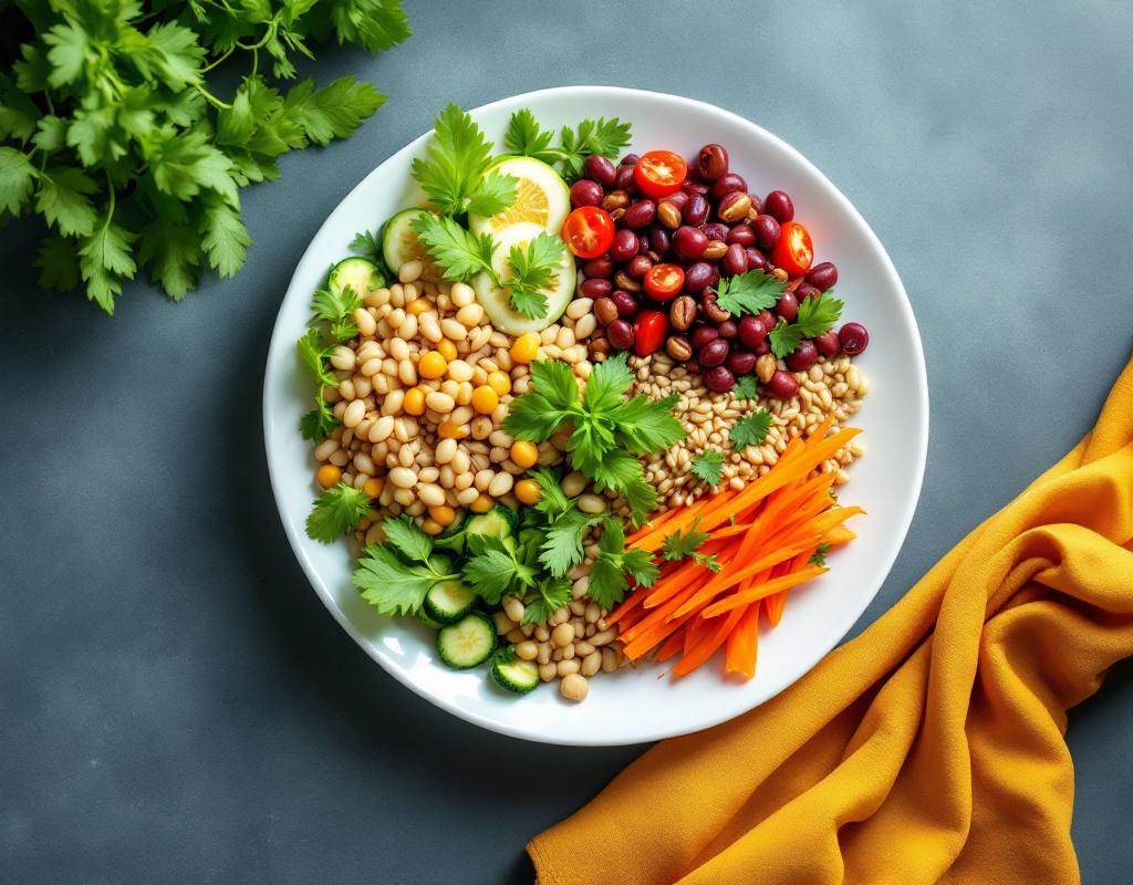 Comida vegetariana equilibrada con verduras, cereales y legumbres