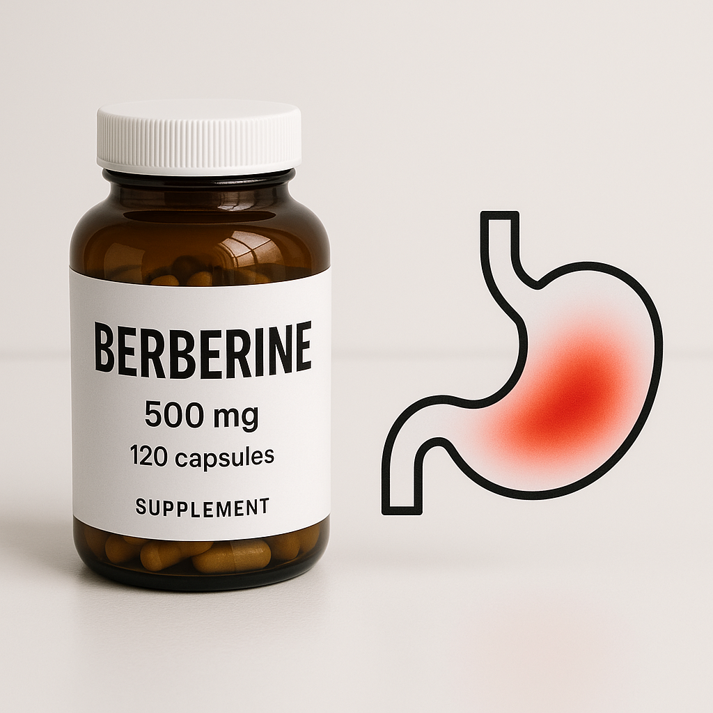 Illustration d'une bouteille de berbérine avec icône d'estomac