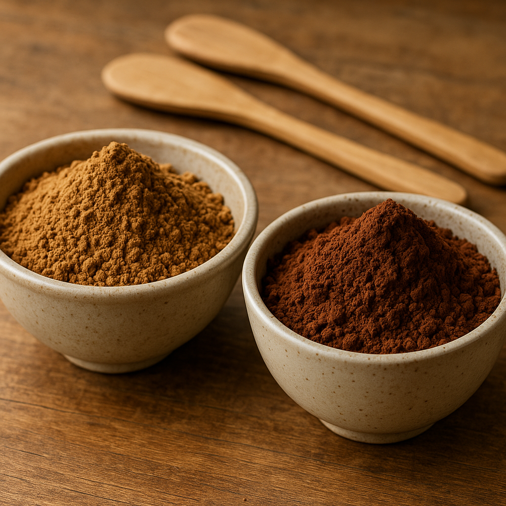 Johannisbrot- und Kakaopulver nebeneinander für einen visuellen Vergleich