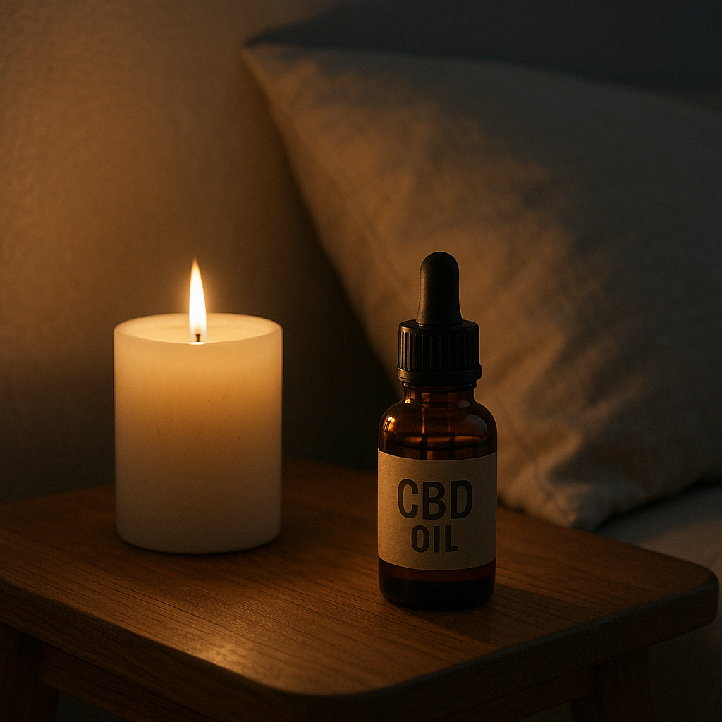 Rituel nocturne avec flacon d'huile de CBD et bougie