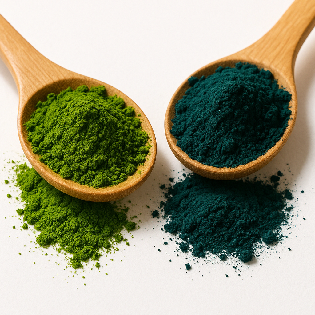 Poudre de chlorella et de spiruline dans des cuillères en bois