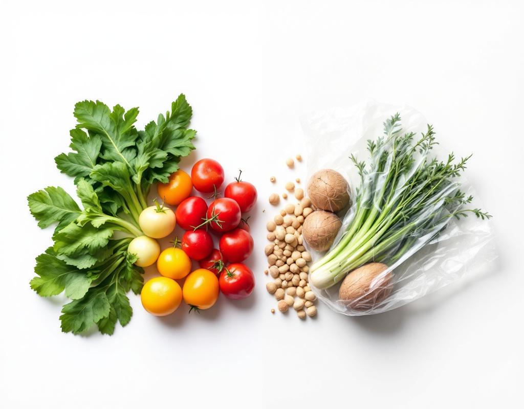 Comparaison visuelle entre des légumes locaux frais et brillants et des légumes importés ternes et flétris