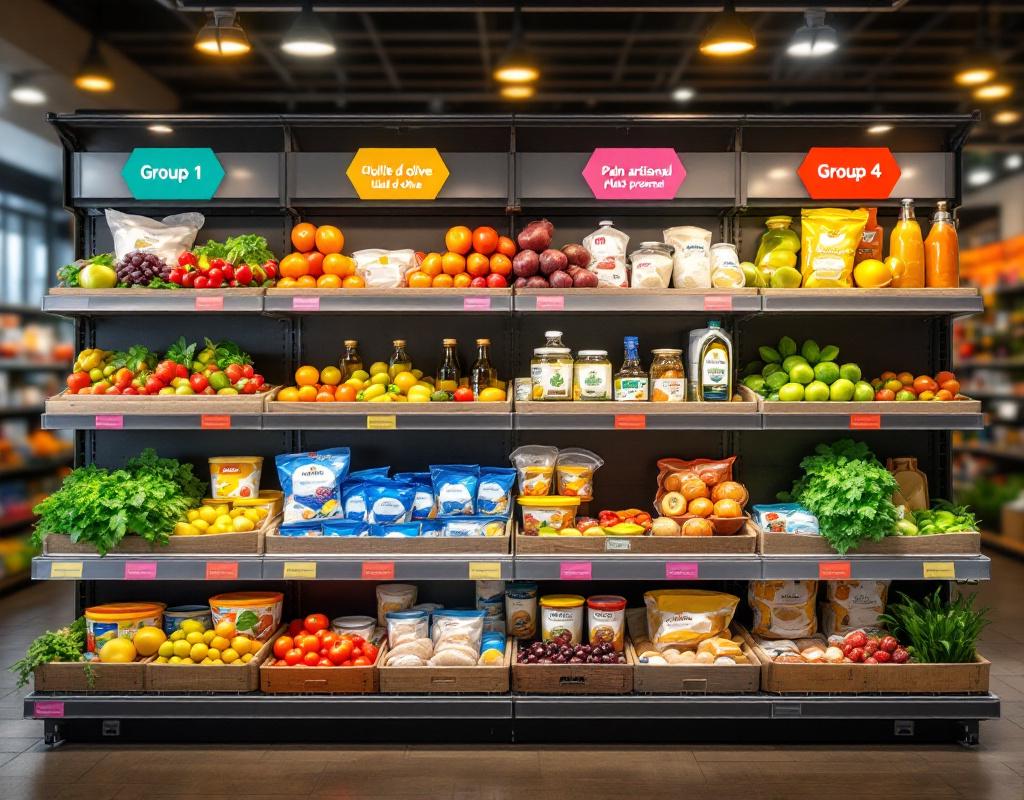Rayon de supermarché montrant des produits classés selon les groupes NOVA