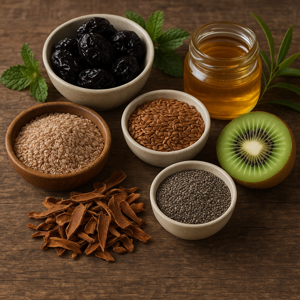 Comparatif des 7 laxatifs naturels présentés sur une table