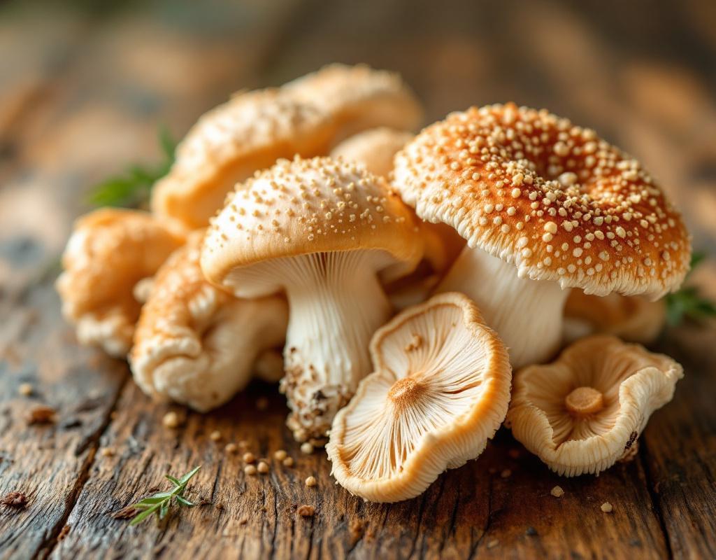 Trois champignons médicinaux Reishi, Cordyceps et Lion’s Mane disposés sur un fond apaisant