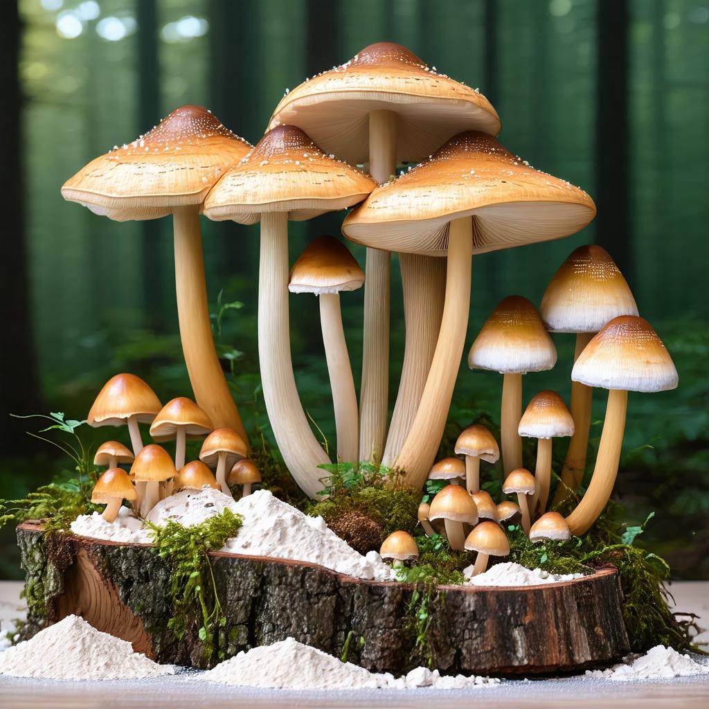 Compléments alimentaires de champignons médicinaux en gélules et poudre présentés dans une herboristerie