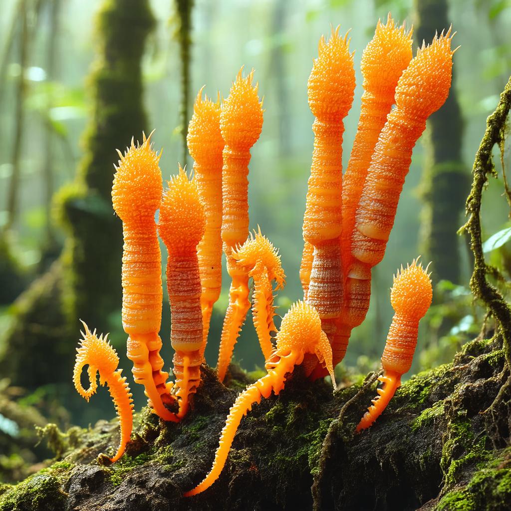 Cordyceps militaris cultivé montrant ses corps fructifères orange vif