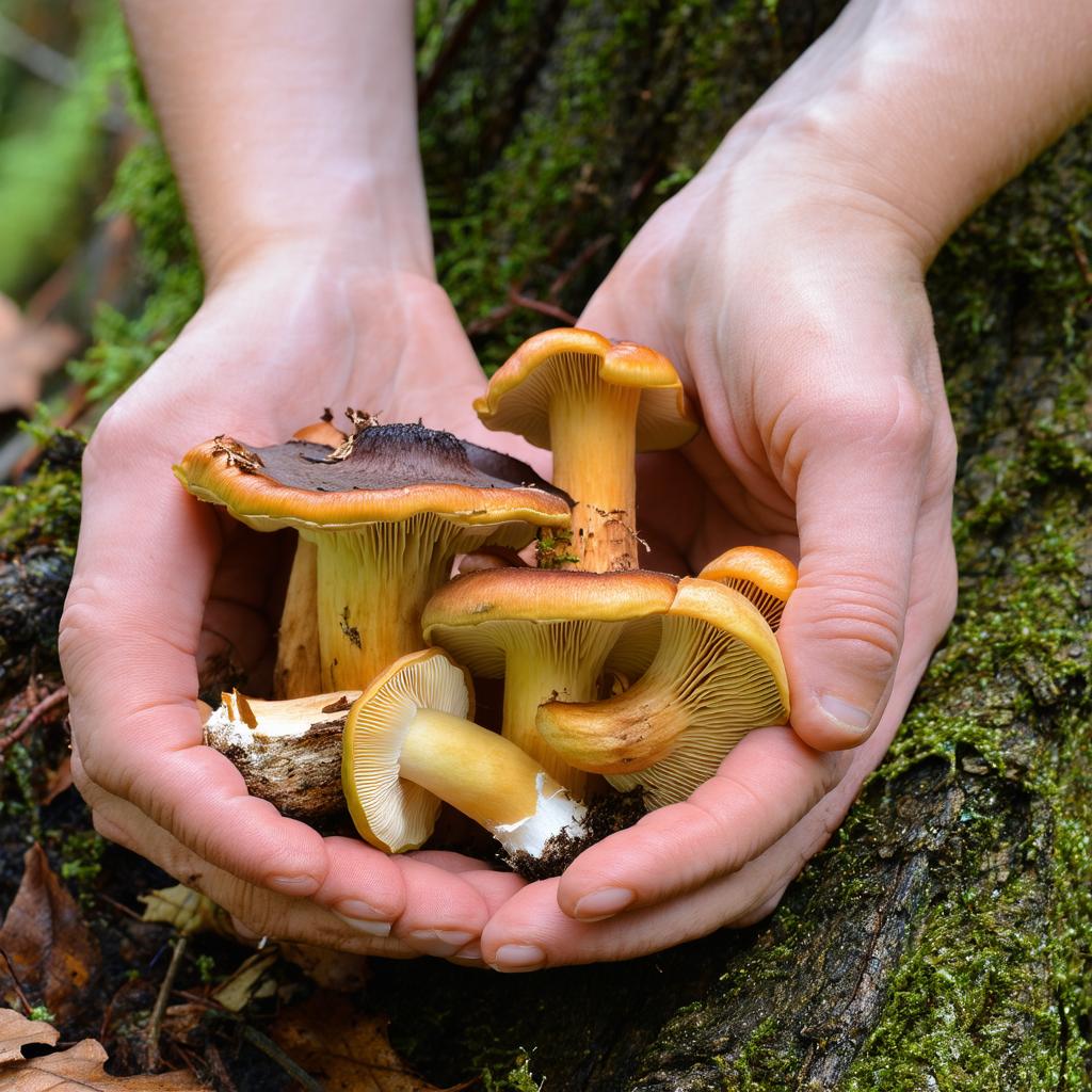 Mains expertes identifiant des champignons sauvages comestibles à l'aide d'un guide illustré en forêt