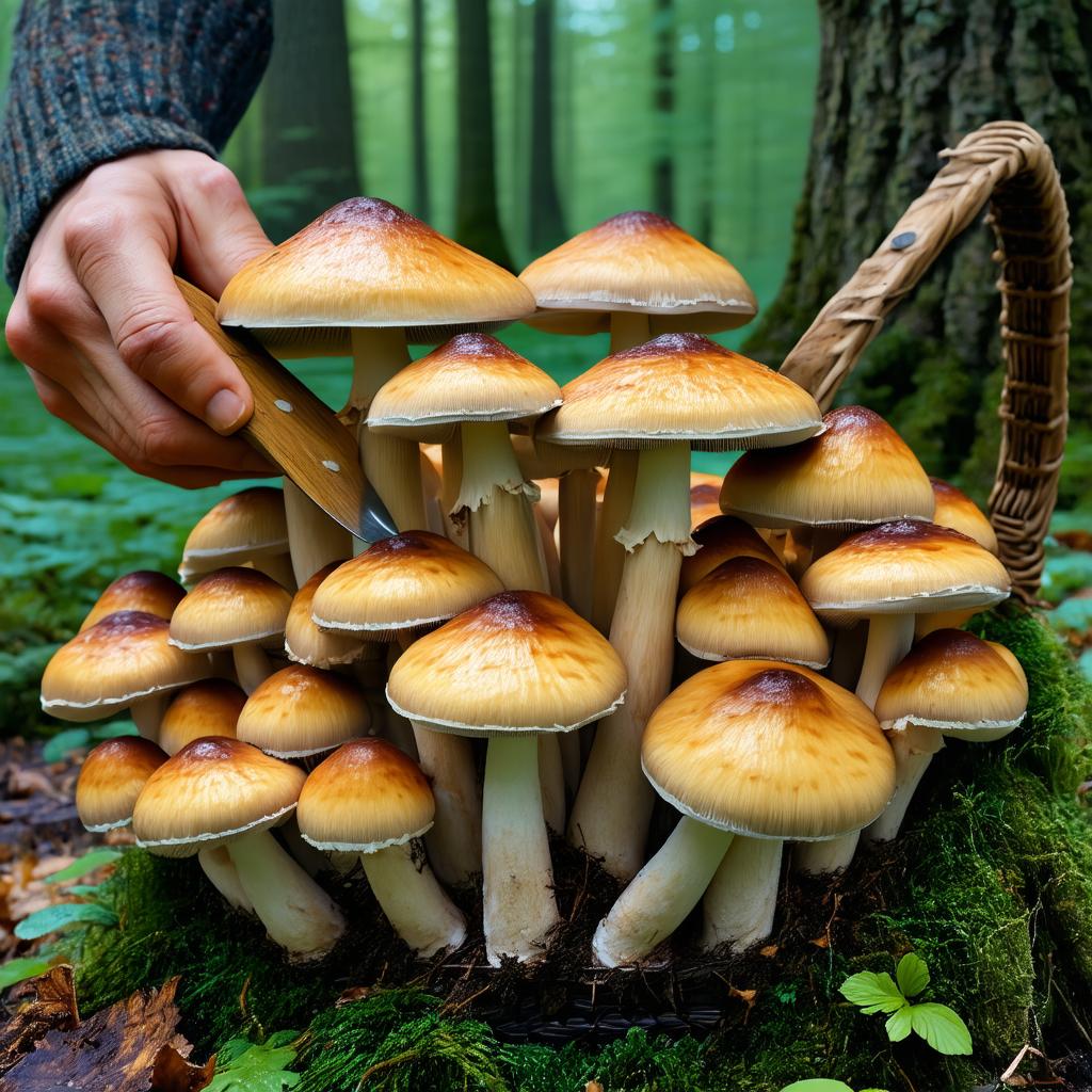 Main tenant un couteau à champignons avec brosse intégrée, en train de nettoyer un cèpe avant de le déposer délicatement dans un panier en osier