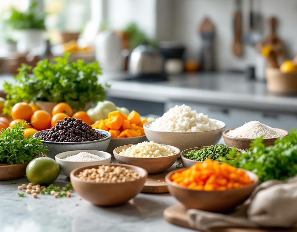 Plan de travail avec diff&eacute;rents ingr&eacute;dients de substitution pour allergie alimentaire