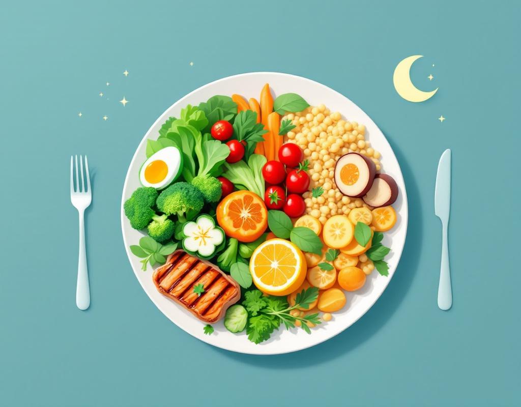 Ilustración que muestra un plato equilibrado con verduras, proteínas y cereales integrales, rodeado de iconos que representan el sueño, el ejercicio y la gestión del estrés