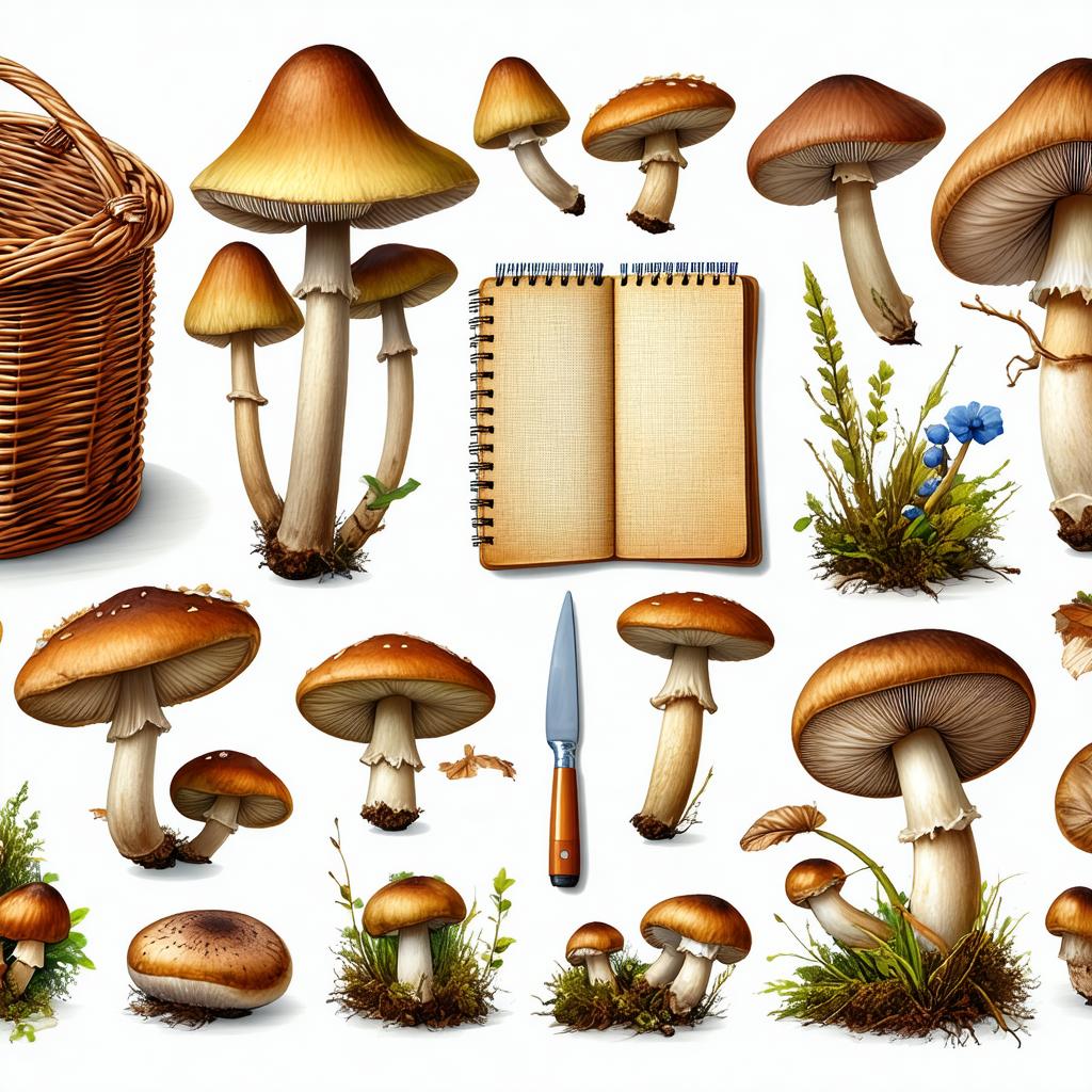 Équipement essentiel pour la cueillette : panier en osier, couteau courbe, brosse et guide d'identification