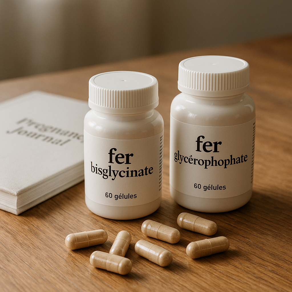 Deux flacons de fer bisglycinate et de fer glycérophosphate posés sur une table avec un carnet de grossesse