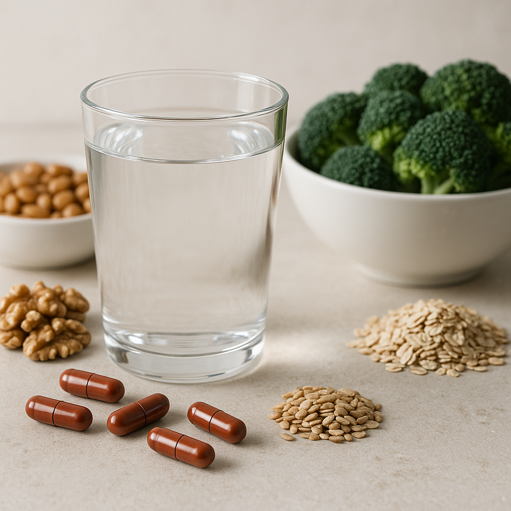 Gélules de fer et aliments riches en fibres illustrant la prise de compléments avec hydratation
