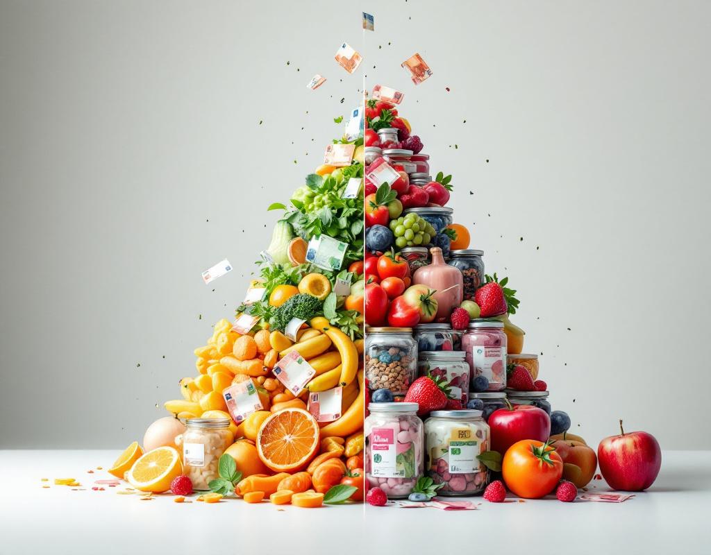 Ernährungspyramide mit Euro-Symbolen und Nutri-Score-Etiketten, die frische und industrielle Produkte kontrastieren