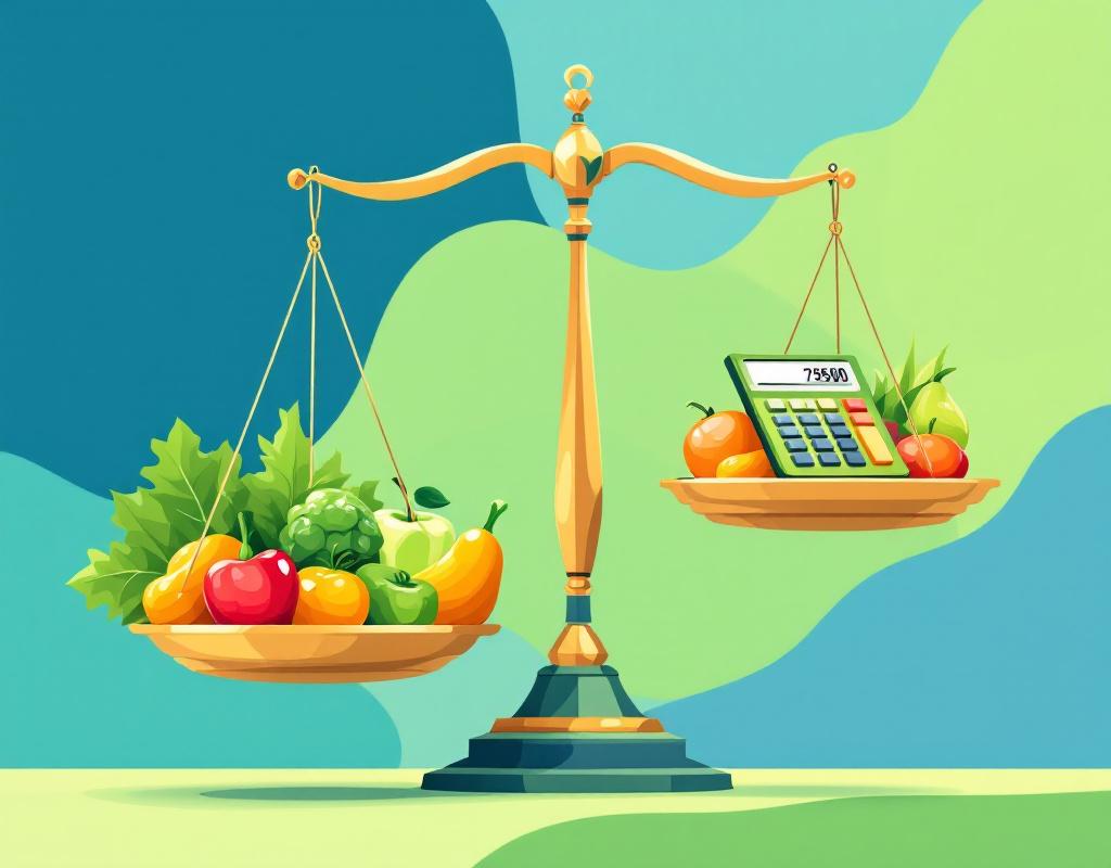 Waage, die frisches Gemüse und einen Taschenrechner ausbalanciert und eine gerechte Besteuerung symbolisiert