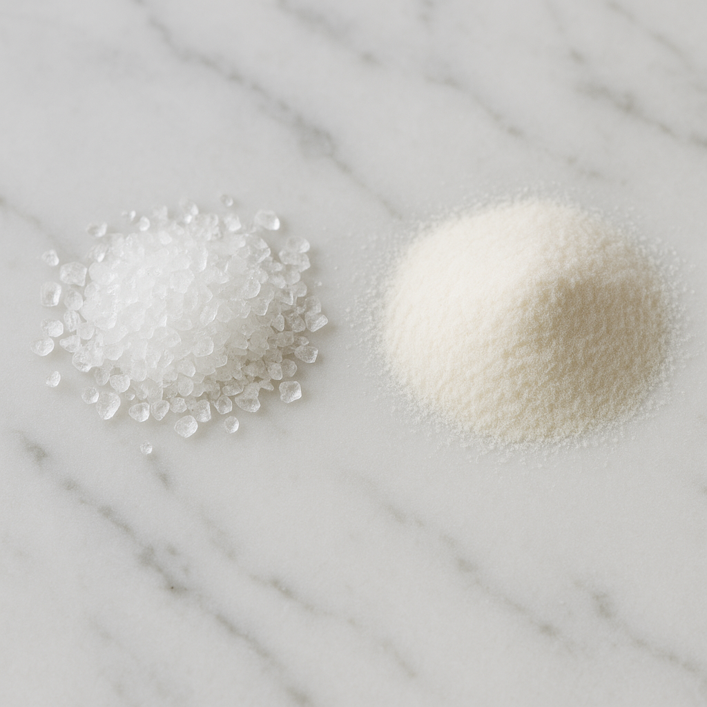 Vergleich von kristallisiertem Glycin und Glycinpulver