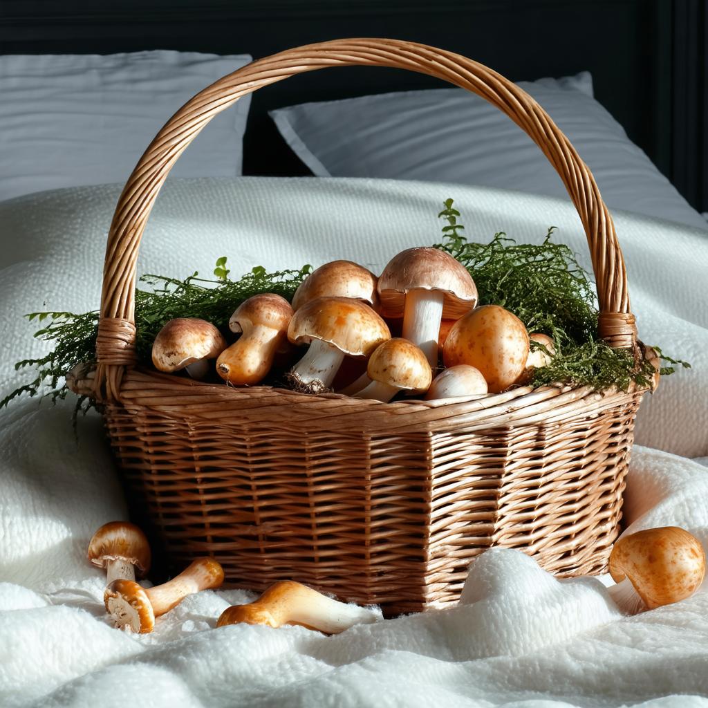 Panier de cueillette avec cèpes, girolles et trompettes-de-la-mort disposés sur fond de mousse forestière, éclairé par des rayons de soleil filtrant entre les arbres