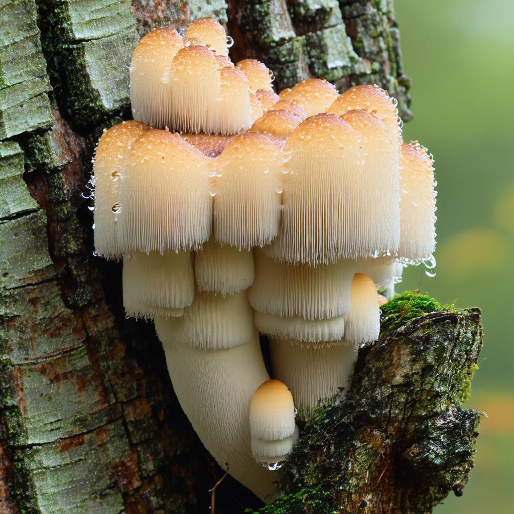 Hericium erinaceus frais poussant sur un tronc en forêt, montrant ses longs filaments blancs caractéristiques