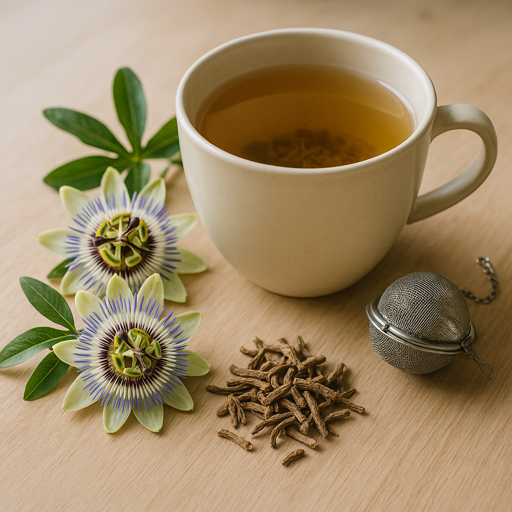 Cup of passionflower and valerian infusion placed on a wooden table